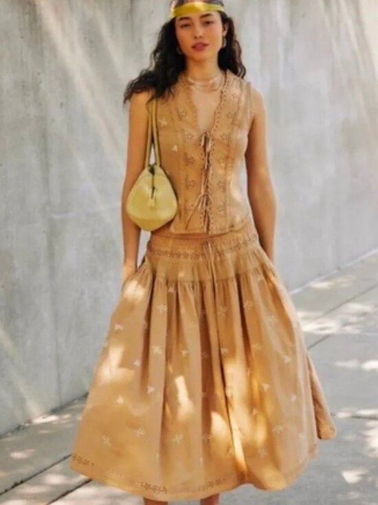 Free People Dresses & Skirts - Free People NWOT Gesibelle Set Top/Skirt in Floral Taupe Eyelet detail medium
